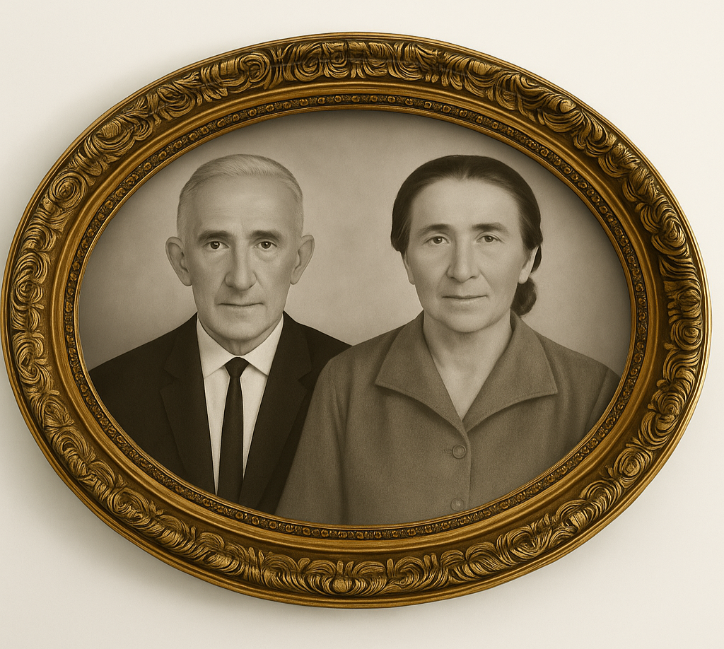 Before restoration - vintage couple portrait in sepia with ornate oval frame